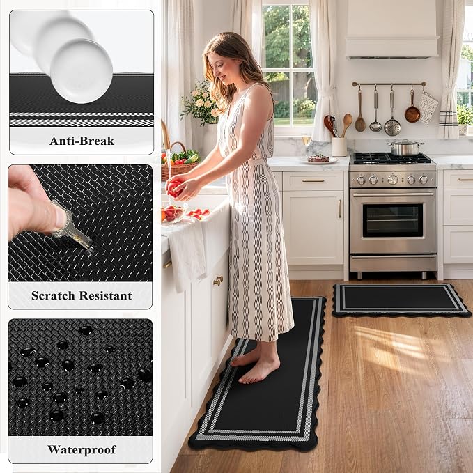 KIMODE Kitchen Mats Cushioned Anti Fatigue,Farmhouse Kitchen Rugs Sets of 2 | Black Scalloped Rugs, Runner Rug Non Slip, Comfort Standing Desk Mat for Laundry Office Bathroom Sink Dorm 17"x47"+17"x29"