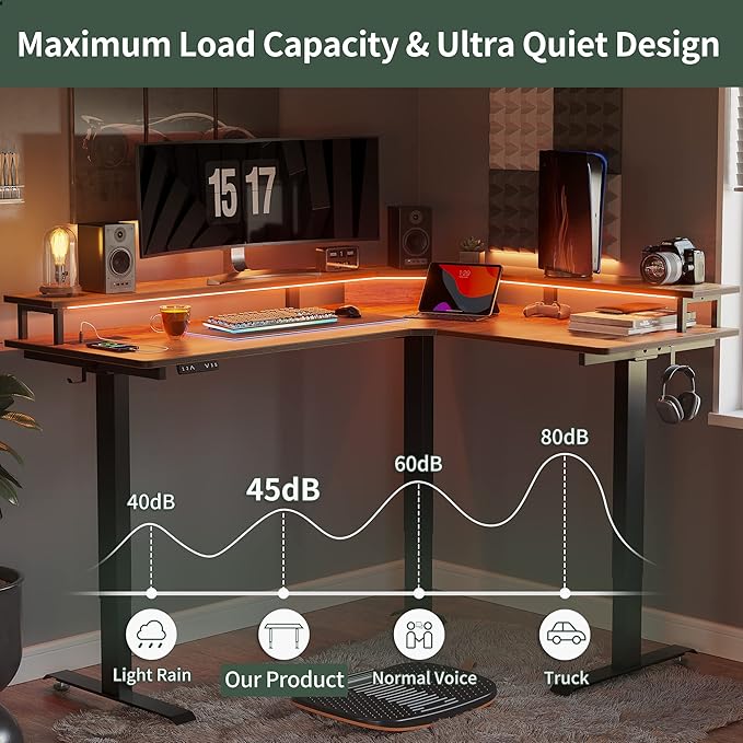 FEZIBO 63"x49" L Shaped Standing Desk with LED Strip & Power Outlets, Height Adjustable Sit Stand Corner Gomputer Desk with Ergonomic Monitor Stand, Rustic Brown Top/Black Frame