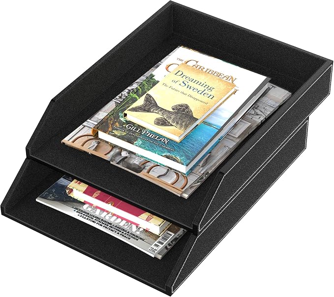 Leather Letter Tray, Thipoten Stackable Desk Organizer Holder for Office Supplies, Paper, File, Magazine, Perfect Office Organization for Desktop (Black-2Tiers)