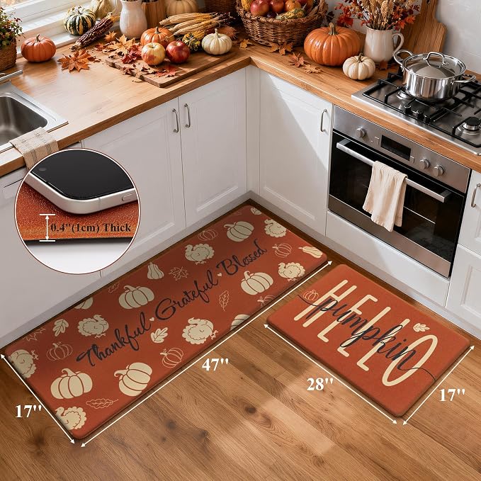 Ileading Fall Kitchen Mats Anti Fatigue, Pumpkin Kitchen Rugs Sets of 2 | Cushioned Non Slip Autumn Kitchen Mats for Floor, Waterproof Padded Floor Carpet for Harvest Thanksgiving