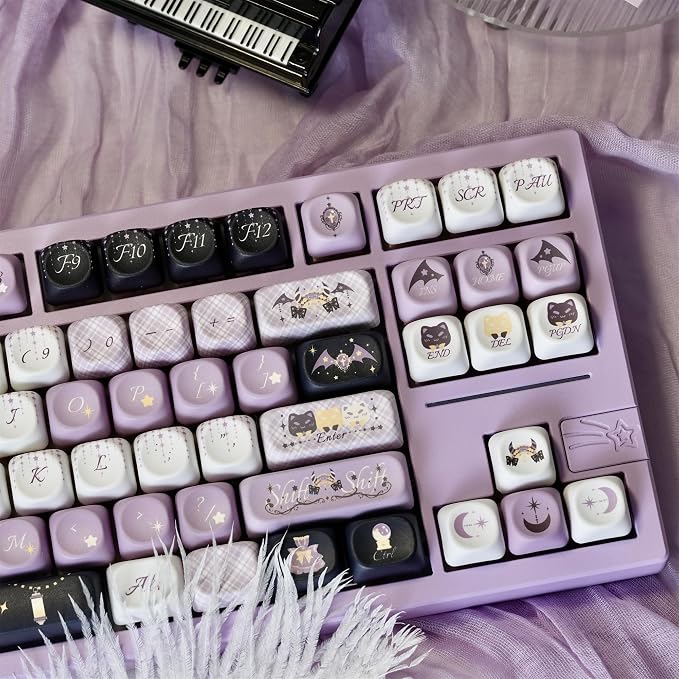Custom Keyboard Keycaps,MOA Profile Halloween-Themed Keycaps PBT Dye-Sublimation 129 Keys Full Size Key Caps Set for Cherry MX Switches Mechanical Gaming Keyboard DIY (Purple-Witch)