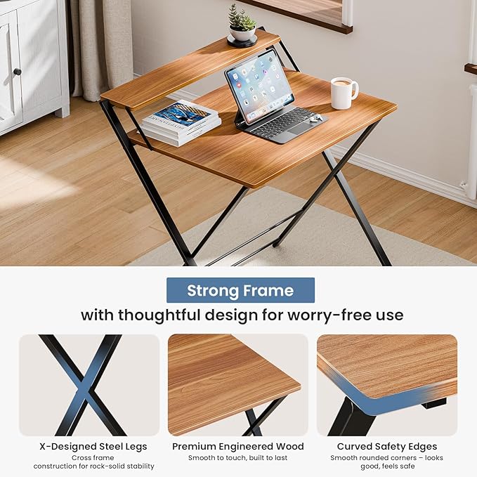 DUMOS Small Folding Desk with Shelf, No-Assembly Foldable Computer Desk for Tight Spaces, Portable Table for Bedroom, Home Office, Dorm or Apartment, Brown