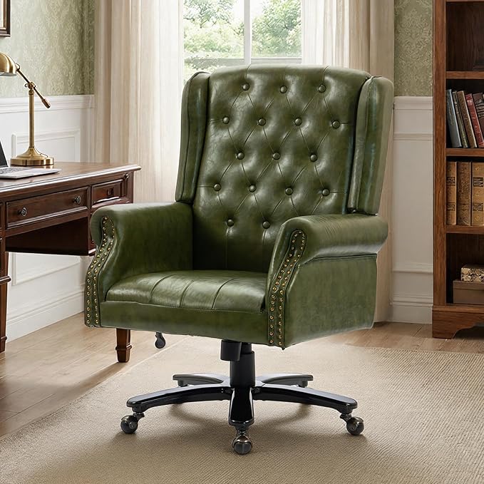Vintage High Back Wingback Executive Office Chair, Green | Home Desk Chairs with Tufted Nailhead Trim & PU Faux Leather, Heavy Duty Adjustable Rocking Computer Chair for Gaming