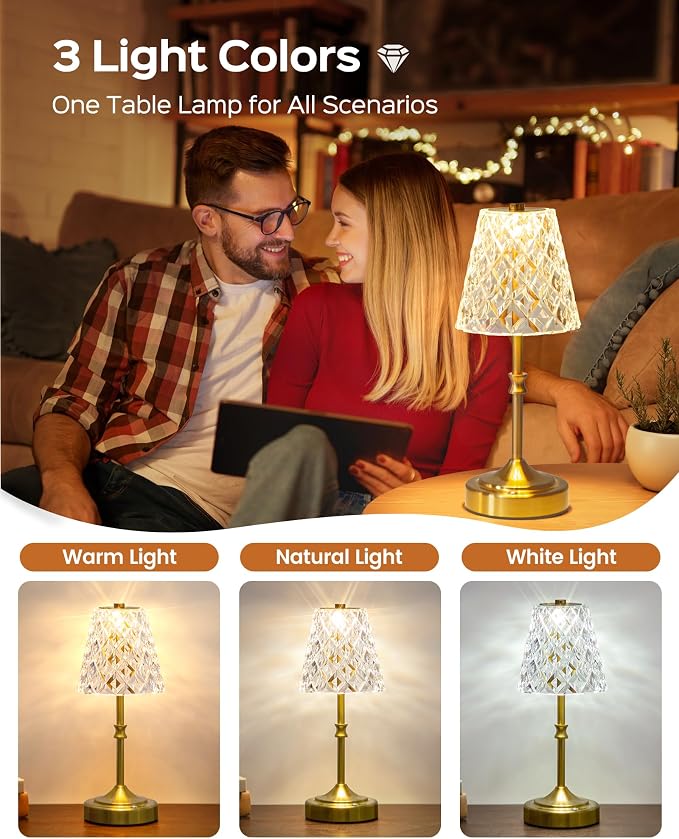 JACKYLED Cordless Lamp Rechargeable, Acrylic Crystal Lampshade, 3 Colors with Built-in Dimmer, 5000 Capactiy Power Operated Wireless Lamp for Kitchen Counter Bedroom Living Room