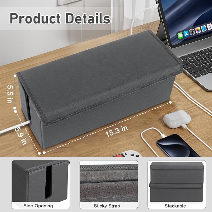 2 Pack Cable Management Box, Fabric Cord Hider Box with Lid,Cord Storage Box for Power Strip,TV Wires, Computer, Router, USB Hub,Under Desk Cord Organizer, Desk Cable Storage