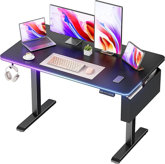 Electric Standing Desk, 48x24" Adjustable Height Computer Desk, with 3 Memory Presets, RGB Lights, Overheating&Overvoltage Protection, for Home Work, Study and Gaming, Small Spaces, Modern Furniture
