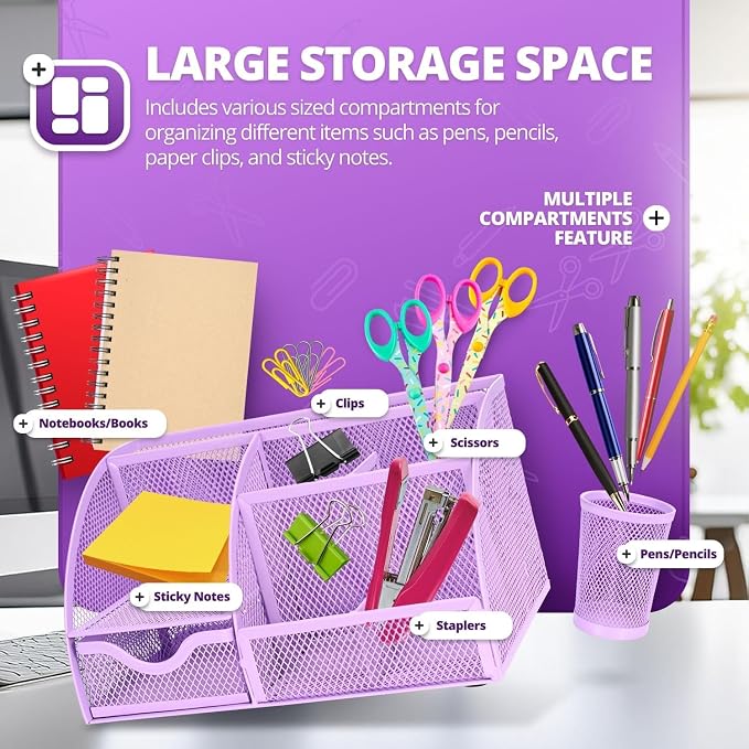 Flexzion Desk Caddy Organizer Set (Purple) - Metal Mesh Desktop Caddy with Drawers, 6 Compartments, and Pencil Holder for Women & Men - Desktop Organizer and Storage for Work or Office Supplies | Compact Desktop Caddy with Separate Pen Holder; 8.7 X 5....