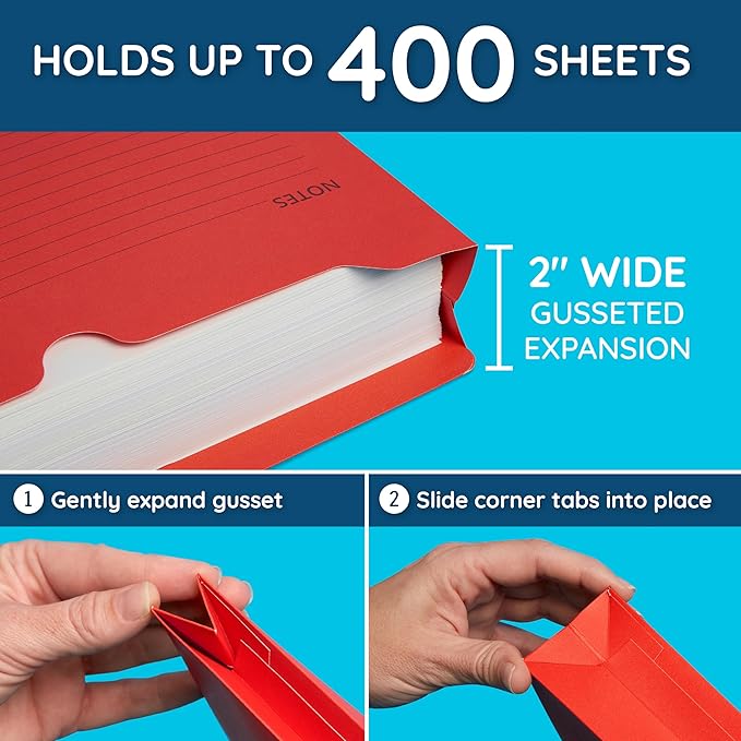 Blue Summit File Jackets Letter Size 2 Inch Expansion, Lined Folders with Lines for Notes on Front, 2 inch File Jacket Folders, Top Tab Pockets, Assorted Colors, Expandable, 25 Pack