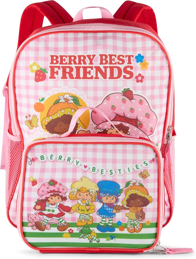 AI ACCESSORY INNOVATIONS Strawberry Shortcake 2 Piece Backpack Set for Girls, 16 Inch Berry Besties School Bag with Adjustable Padded Straps, Pink Gingham Pattern