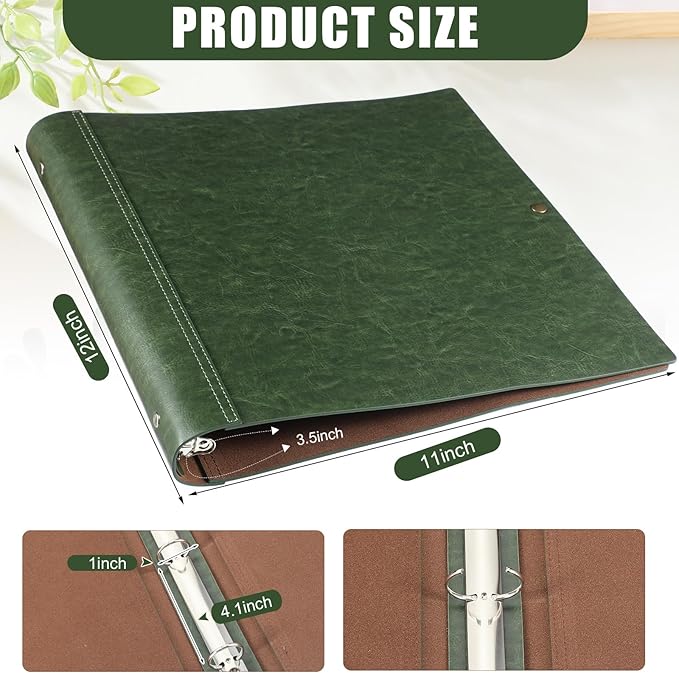 Teling 1 Pcs Leather 3 Ring Binder Holds 8.5 x 11 Inch Paper Binder Organizer Vintage Faux Leather Portfolio Folder Planner for Office Home Document Photo Diary Supplies (Dark Green)