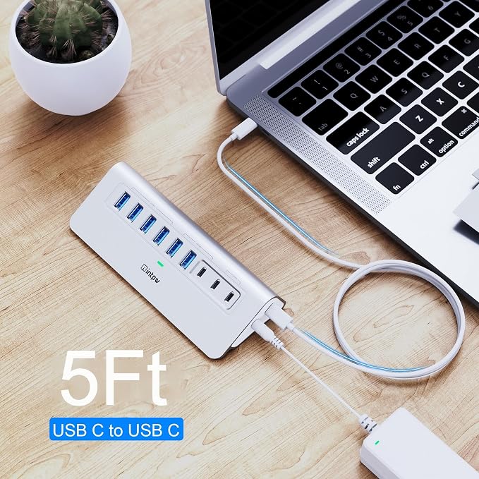 Powered USB Hub 10Gbps, intpw YH6AC 9-Port USB 3.2 /USB C Hub with USB A/USB C 3.2, 4 USB 3.0, 2 PD 45W Charging Port, 65W Power Adapter + 5FT Cable, Aluminum USB Hub for PC, iPhone 17/16/15/Laptop