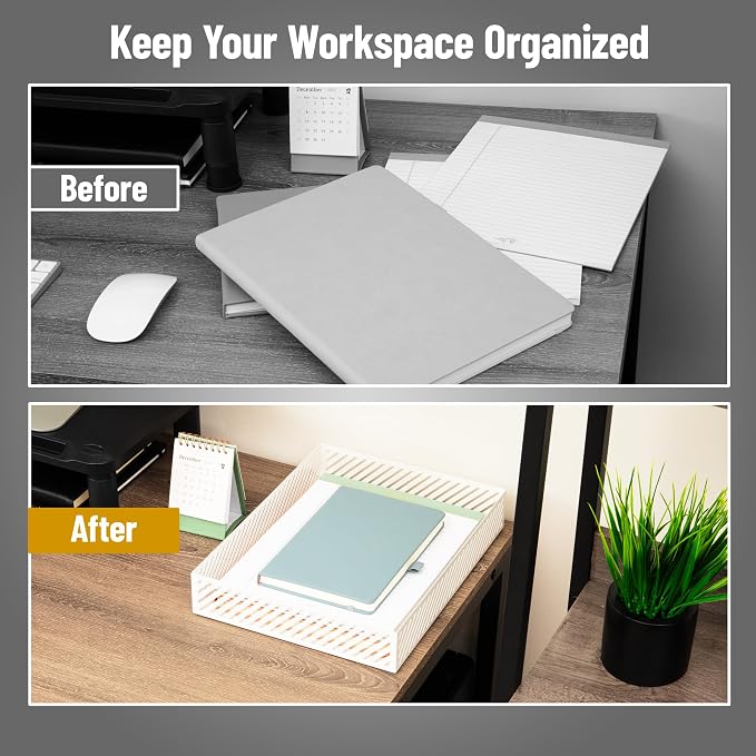 Mind Reader Metal Letter Size Paper Tray, Desktop Document Organizer with Non-Slip Pads, Office Desk Accessory Tray, Metal, White