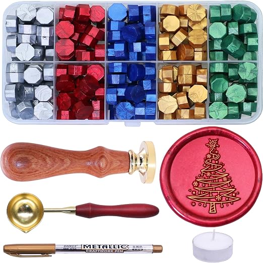 SWANGSA Christmas Tree Wax Seal Stamp Kit with 200pcs Sealing Wax Beads and Pen, Great for Embellishment of Christmas Cards, Invitations, Wine Packages, Gift Ideas