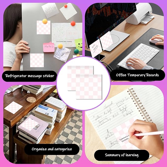 Sticky Notes 3x3 Inches, 2 Pads Cute Colorful Self-Stick Note Pads, Easy to Post for Home, Office and Daily Life Organization Cute Pink Checkers
