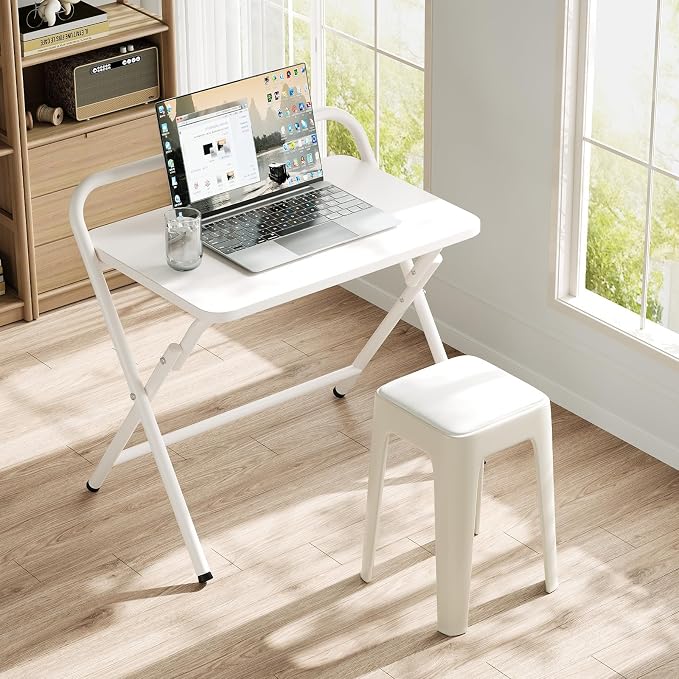 Folding Table, Small Computer Desk, Foldable Desk for Bedroom, Mini Desk for Home Office&Study, 24x16 Inches, No Assembly Required, Wood Top with Metal Frame, White