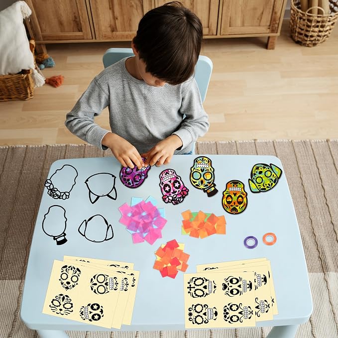 Renbuzhu 36PCS Dia De Los Muertos Crafts Bulk: Sugar Skull Paper Suncatchers DIY Kit for Day of The Dead Halloween Party Activities Decorations, Window Stained Glass Effect Art Supplies