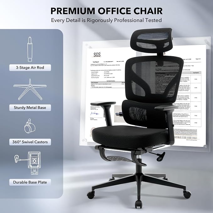 Office Chair Ergonomic Desk Chair - Home Mesh Chair with Adjustable Footrest Lumbar Support, High-Back Computer Gaming Chair with Headrest 3D Armrests, Rolling Swivel Task Chairs for Home, Office