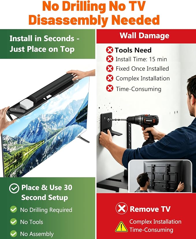 No Drilling Soundbar Mount, TV Top Shelf Fits Most Soundbars up to 12 lbs, Universal Monitor Shelf-Sound Bar Mounts, Sound Bar Shelfs Above TV for Flat Screen TVs,No TVs Disassembly, 23.6x4.4inch