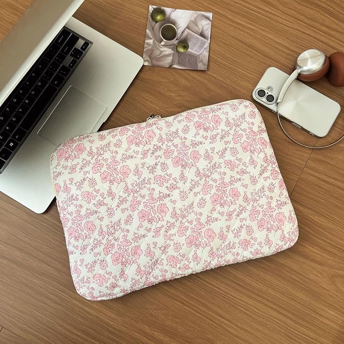 Puffy Laptop Sleeve 13 Inch Cute Quilted Laptop Protective Case Padded Floral Computer Sleeve for MacBook (B-Pink Floral, 13 Inch)