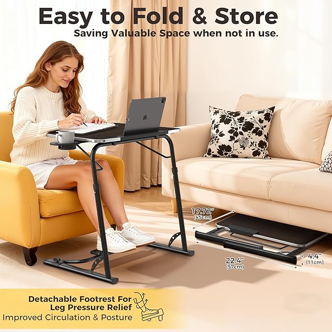 FoldWise Upgraded Folding TV Tray Table - Extra Large & Sturdy Laptop Table for Couch, Height & Angle Adjustable Desk for Dinner, Work & TV - Includes Footrest, Cup Holder, iPad Holder & Edge Stopper