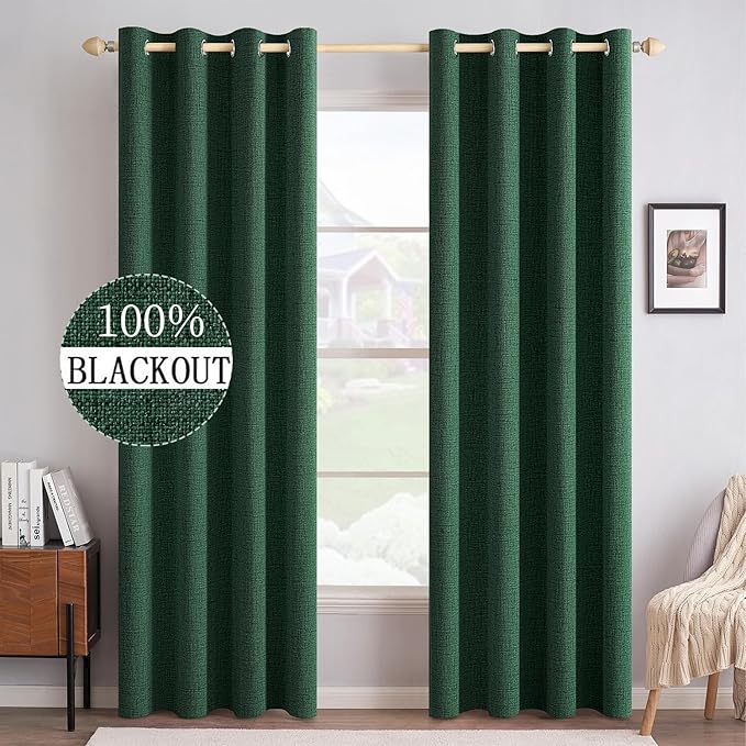 MIULEE 100% Blackout Linen Curtains for Bedroom Thermal Insulated Emerald Green Grommet Room Darkening Curtains & Drapes Christmas Decor for Living Room 52 x 96 Inch (2 Panels)