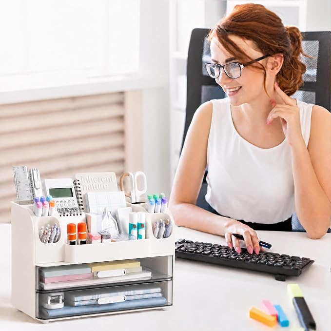 HBlife Desk Organizer with Pencil Pen Organizer for Desk, Pen Holder with 2 Drawers, Desk Organizers and Accessories with Compartments, Desktop Storage for Office Home School Art Supplies, White