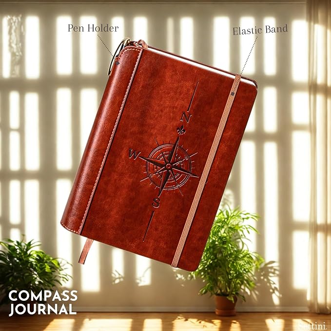 SETTINI® Lined Journal - Compass Journal for Writing Gift Set - Hardcover Vegan Leather, Includes Luxury Pen in a Unique Pen Holder, 192 Pages, A5, Birthday Gift, Journal for Men & Women