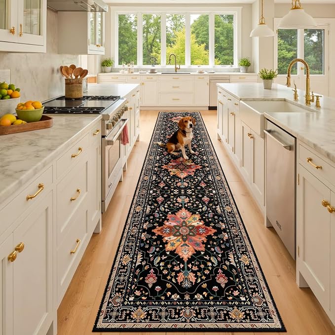 RELEANY Area Rugs Runner 2'6"x10' Washable Non-Slip, Floral Vintage Distress Medallion Carpet for Kitchen Hallway Bedroom Beside Laundry Room Bathroom, Black Colorful Floral Dark Tan