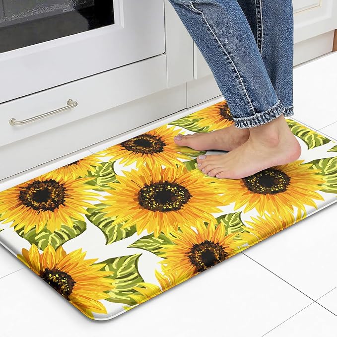 Sunflower Kitchen Decor Kitchen Mat, Cushioned Anti Fatigue Non-Slip | Bright Sunflower Pattern,Yellow docor,Cushioned Comfort,Non-Slip Backing,Waterproof Surface,Easy Clean,Kitchen Sink,Laundry