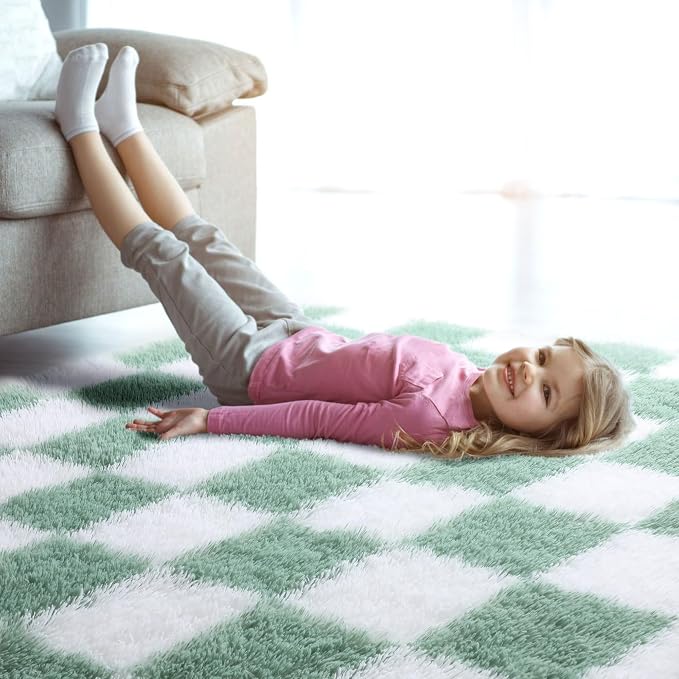 KICMOR Living Room Rugs 5x8 Sage Green and White, Large Fluffy Furry Shaggy Fuzzy Checkered Area Rug Bedroom Big Carpet, Shag Plush Soft Nursery Rug Cozy Room Decor for Teen Toddler Kids Baby Boys
