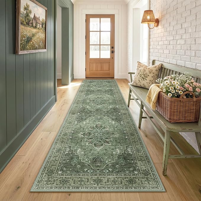 RELEANY Area Rugs Runner 3'x10' Washable Non-Slip, Floral Vintage Distress Medallion Carpet for Kitchen Hallway Bedroom Beside Laundry Room Bathroom, Dark Green Gray