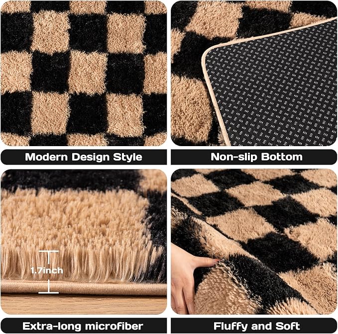 Checkered Rug for Bedroom 5x7, Ultra Fluffy Fuzzy Shag Area Rugs for Living Room, Anti-Skid Indoor High Pile Soft Rug Carpet for Living Room Bedroom Kids Room Nursery, Dorm Home Decor, Black & Beige