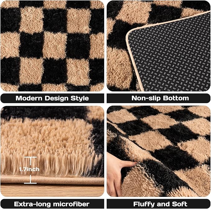 Area Rugs for Living Room Bedroom 9x12, Ultra Fluffy Shag Checkered Rug Modern Washable Carpet Soft Shaggy Non Slip Indoor Plush Fuzzy Rugs for Bedroom Dorm Office Home Aesthetic Decor, Black & Beige