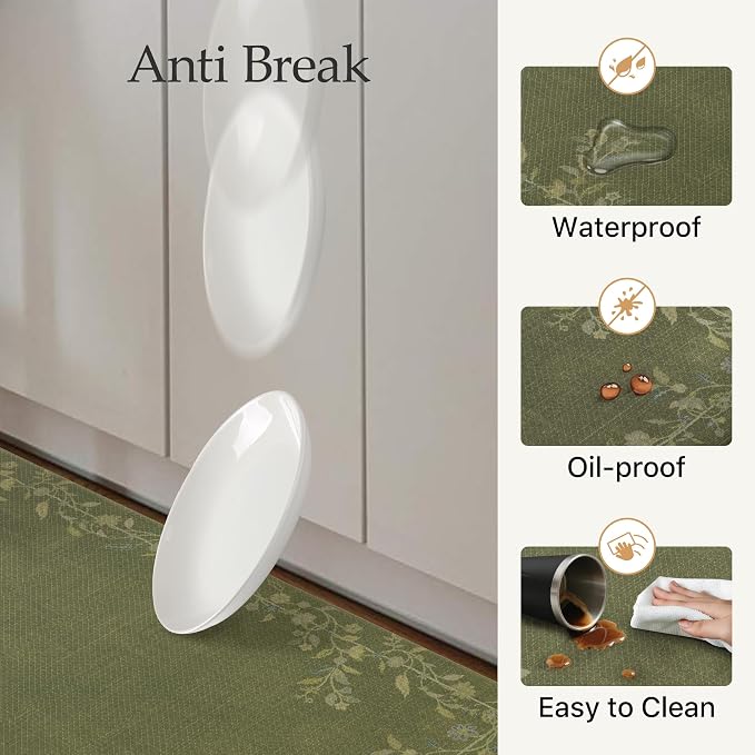 GENIMO Anti Fatigue Kitchen Mats for Floor 2PCS, Cushioned Standing Mats | 17.3"x59"&17.3"x30", Soft Green vintage floral rug set, waterproof, non slip, easy-clean for farmhouse