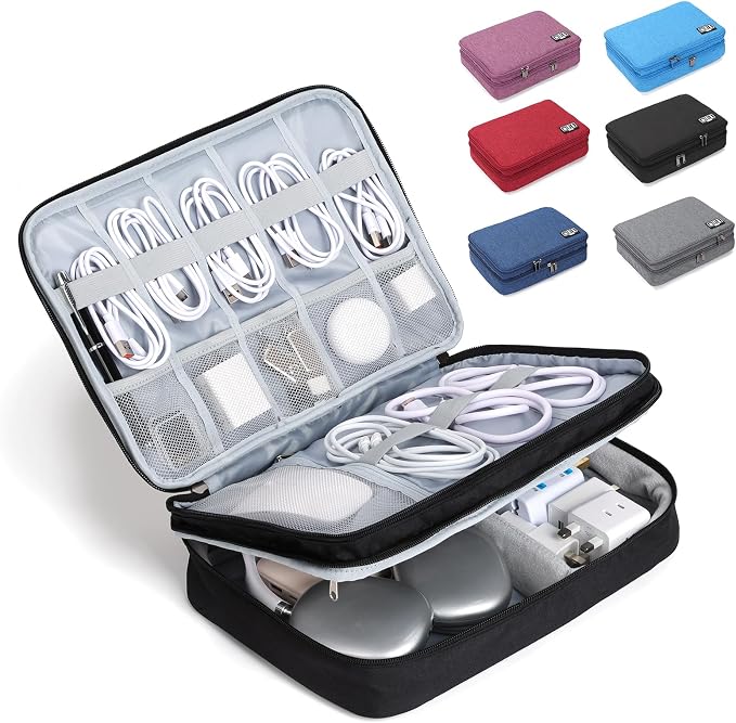 Large Electronic Organizer Travel Case, Double Layer Tech Accessories Bag with 3 DIY Adjustable Dividers, Waterproof Padded Cable Storage Pouch for Camera Gear, Power Bank, Hard Drive, Mouse