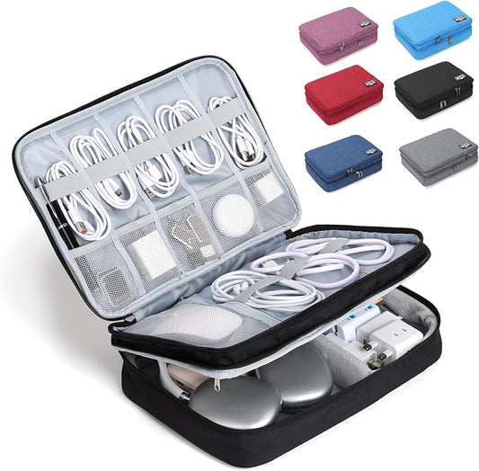 Large Electronic Organizer Travel Case, Double Layer Tech Accessories Bag with 3 DIY Adjustable Dividers, Waterproof Padded Cable Storage Pouch for Camera Gear, Power Bank, Hard Drive, Mouse