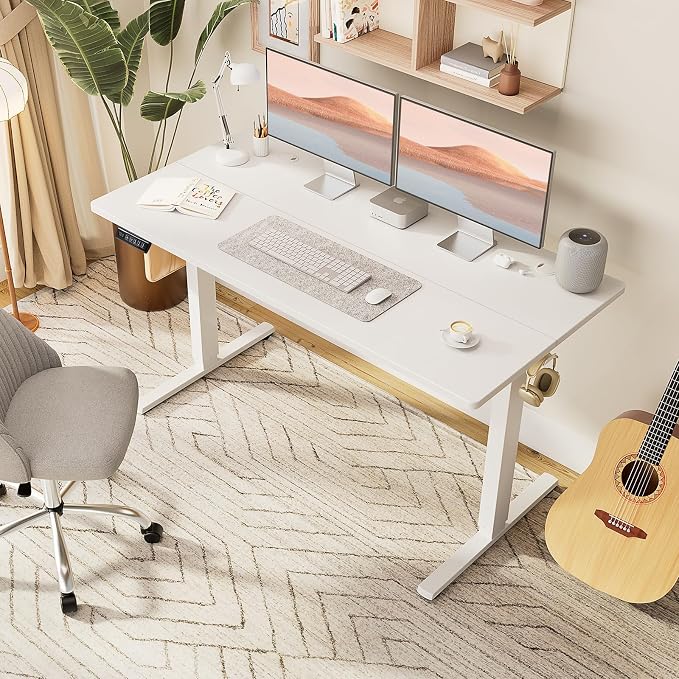 Sweetcrispy Electric Standing Desk Adjustable Height, 63x24 Inch Sit Stand Up Home Office Desks Memory Computer Workstation PC Work Table with Preset Splice Wood Board Metal Frame, White