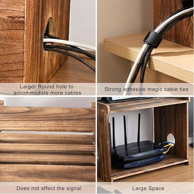 Upgraded Wood Router Box Hider Shelf, Retro Vintage Wifi Router Storage Modem Power Strip, 16 Inch Fits Most Routers, Easy Install Cable Management Home Office Organizer