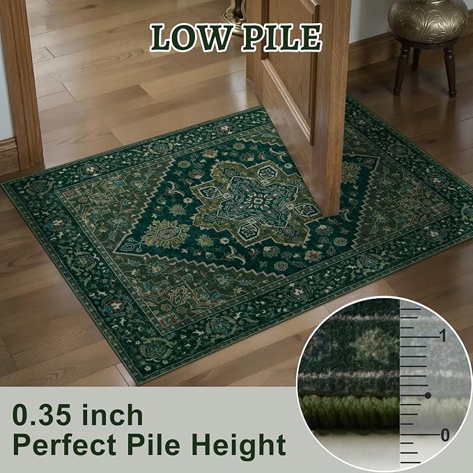 Tangsoo 4x6 Area Rug, Vintage Washable Non Slip Indoor Rugs, Oriental Machine Washable Rug Carpet, Soft Low Pile Foldable Floor Rugs for Dining Room Bedroom Living Room Home Decor Dark Green