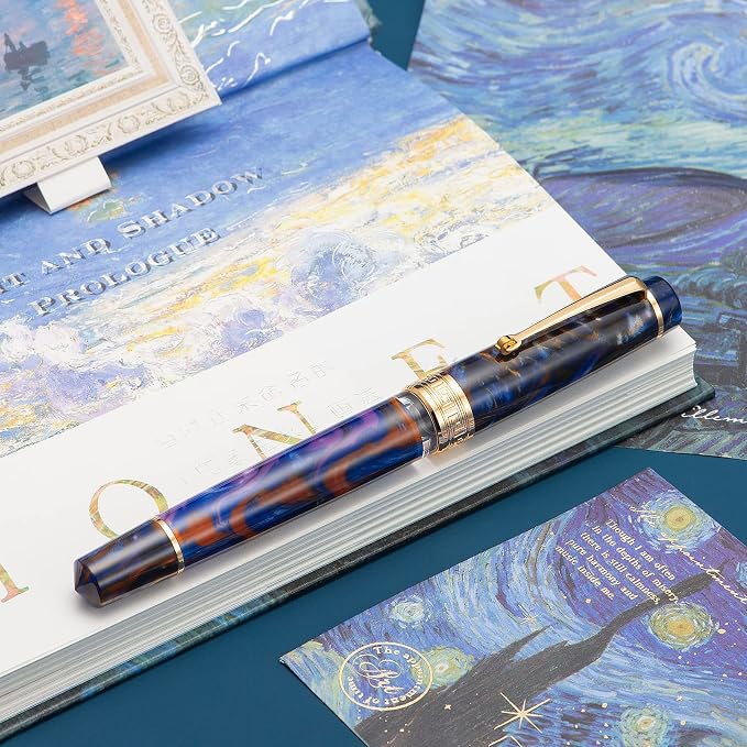 Asvine P20 Purple Resin Fountain Pen Piston Filling, Gold Plated Fine Point Smooth Writer with Pen Gift Case