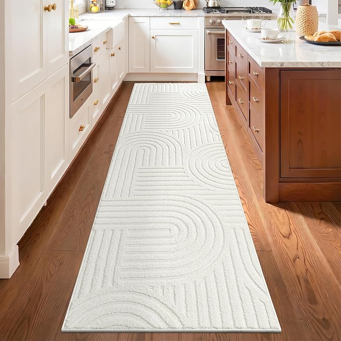 SHACOS Soft Cozy Fluffy Arch Pattern Runner Rugs 2x10 Cream White | High Low Pile Non Slip Washable Minimalist Area Rug Runner Modern Carpet for Living Room Bedroom Bathroom Hallway Kitchen