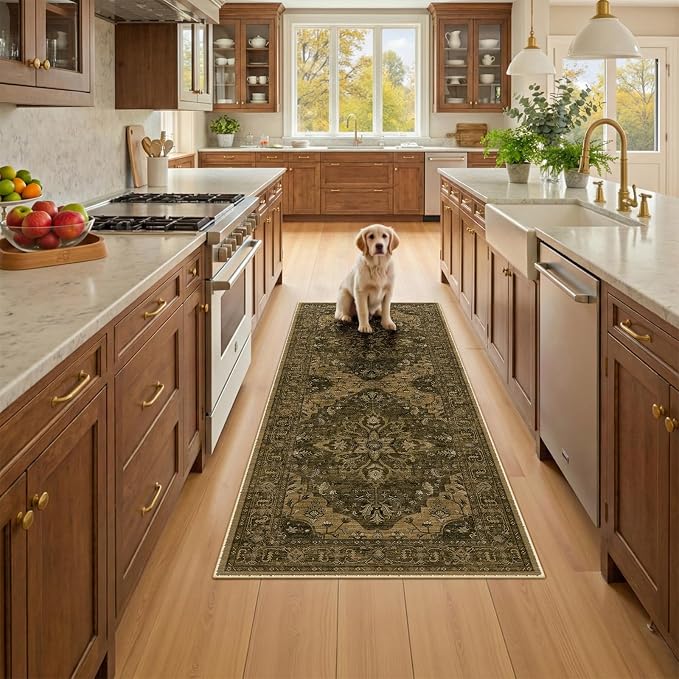 RELEANY Area Rugs Runner 2'x5' Washable Non-Slip, Floral Vintage Distress Medallion Carpet for Kitchen Hallway Bedroom Beside Laundry Room Bathroom, Brown Dark Brown