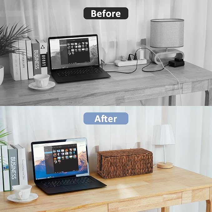 efluky 2 Pack Water Hyacinth Floor Cord Covers with Lid, Hand-Woven Cable Management Box, 2 Open Slots Cord Box to to Hide USB Wire, Power Strip & Charger for Home & Office and Dorm, Brown