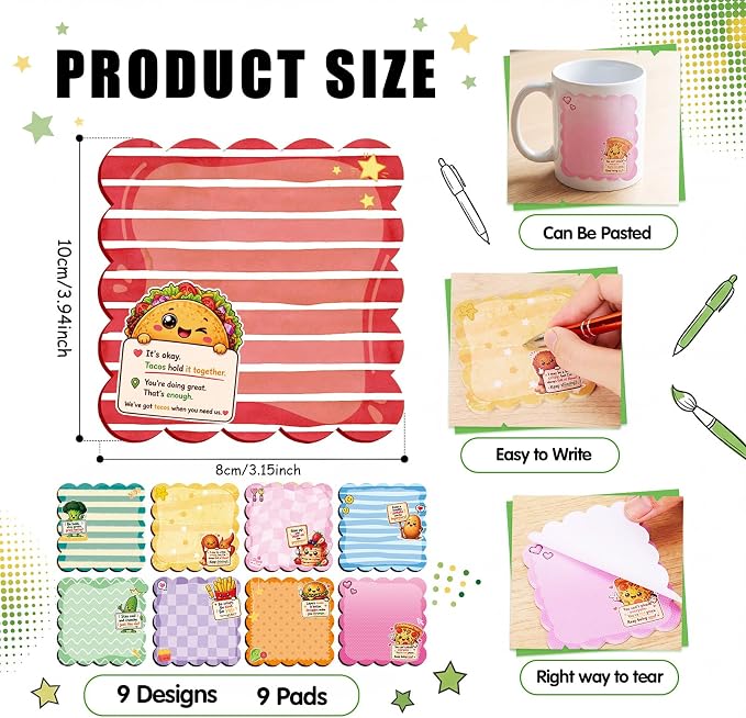 9 Pcs Scalloped Aesthetic Sticky Notes 3x3 Inch Vintage Colors Cute Wavy Self Sticky Note Pads Memo Pads for Journal School Office Supplies Decoupage Craft Stationery Gift (Cartoon)