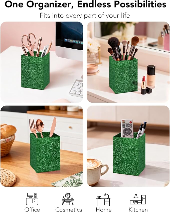 Acrylic Pen Holder Desk Organizer for Office, Green Glitter | Sparkling glitter acrylic makeup brush and pencil holder for desk, Modern desktop organizer for home, school and office