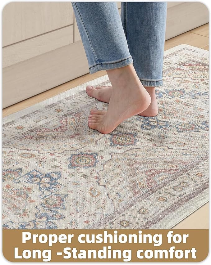 Color&Geometry Kitchen Floor Mat 24x59 Faded Vintage Anti Fatigue, Oatmeal | 0.4in Cushion Standing Mat For Cooking/Working/Laundry, Boho Decor, Non Slip PVC Kitchen Rug, Oil/Water Proof, Anti Slip