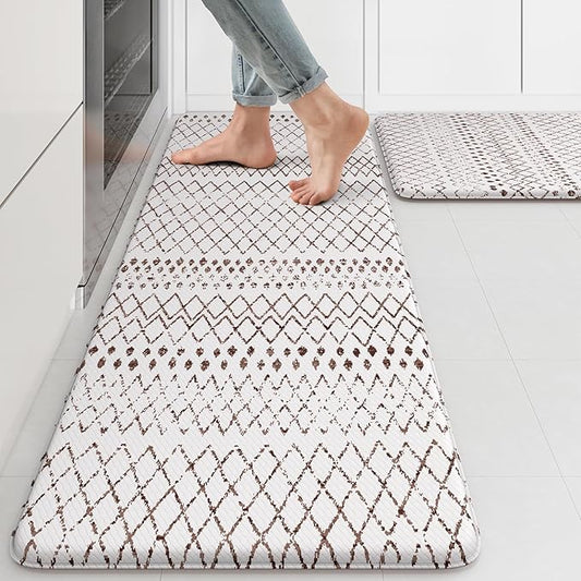 KIMODE Kitchen Mats 2PCS Cushioned Anti Fatigue Boho Kitchen Rugs and Mats Non Slip Waterproof Kitchen Mats for Floor Comfort Foam Standing Desk Mat for Home Office Sink Laundry Brown and White Decor