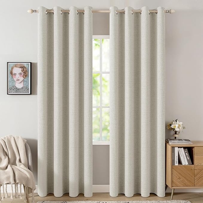 MIULEE Linen Texture Curtains for Bedroom Light Cream 100% Blackout Thermal Insulated Linen Curtains Grommet Room Darkening Drapes for Living Room 52x72 Inch (2 Panels)