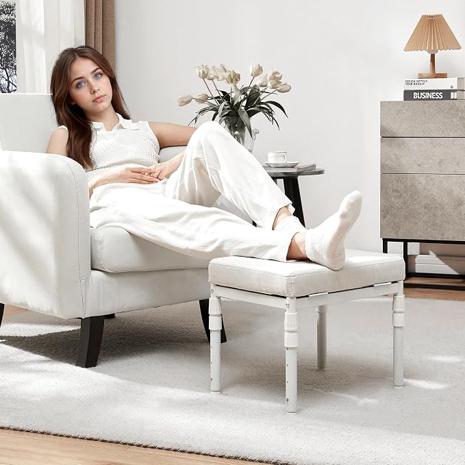 TIOPGHAD Adjustable Ottoman Pouf Footrest, 60 Degree Tilt, Beige | 4-Height, 28 Positions, Iron frame, Foam Cushion, 15.74 x 11.81 x 13.34 in, Under Desk, Living room, Home Office
