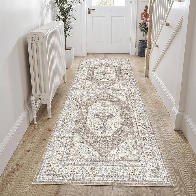 2x6 Washable Hallway Runner Rug:Oriental Indoor Kitchen Rugs Vintage Door Mat Non Slip with Rubber Backing Low Pile Thin Carpet for Bedroom Bathroom Living Room Bedside (2x6 Brown/Beige)